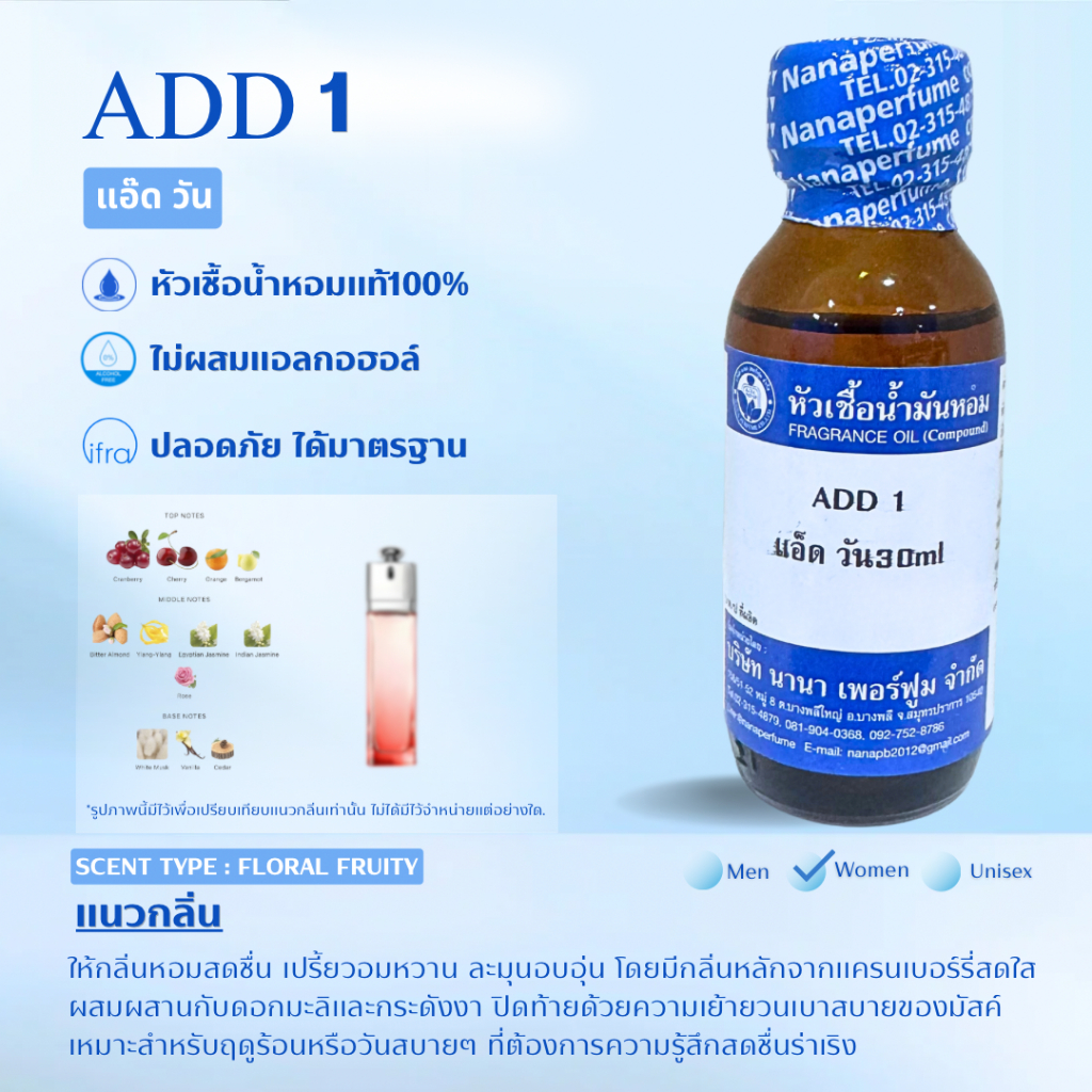 หัวเชื้อน้ำหอม 100% ขนาด30-100ml. กลิ่นแอดวัน (ADD1)