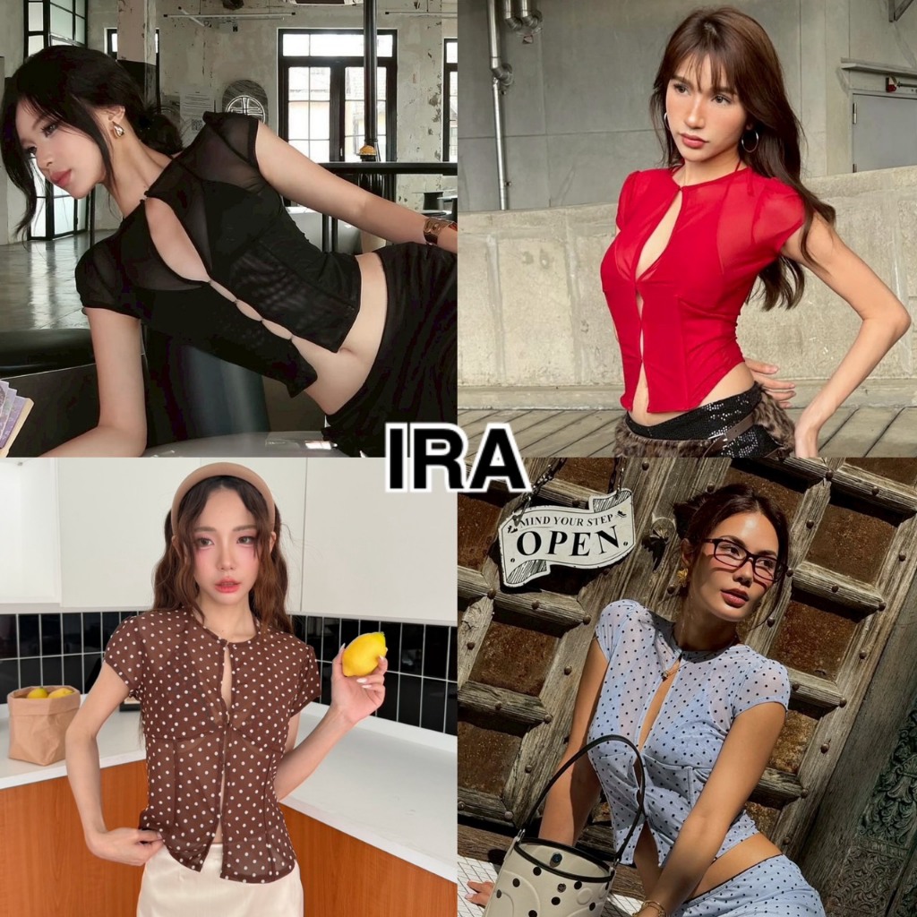 เสื้อยืดแขนสั้นลายจุด BY IRA Lennor Top คอวีสายคล้องคอ ผ้าใส่สบาย