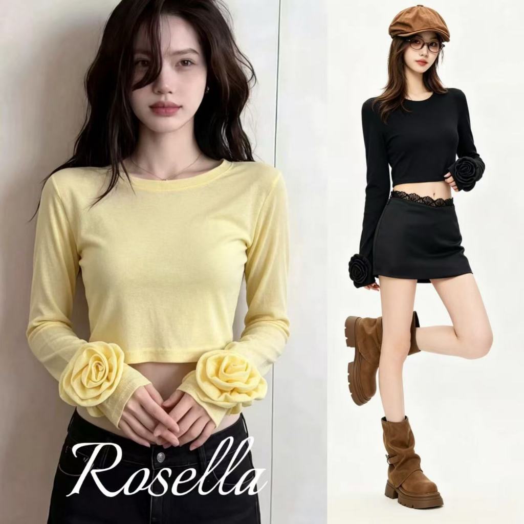 Rosella【สินค้าใหม่👗】เสื้อยืดผู้หญิงทรงเข้ารูปแฟชั่นฤดูใบไม้ผลิ ยืดหยุ่นได้ ปลายแขนประดับดอกไม้ทำมือ