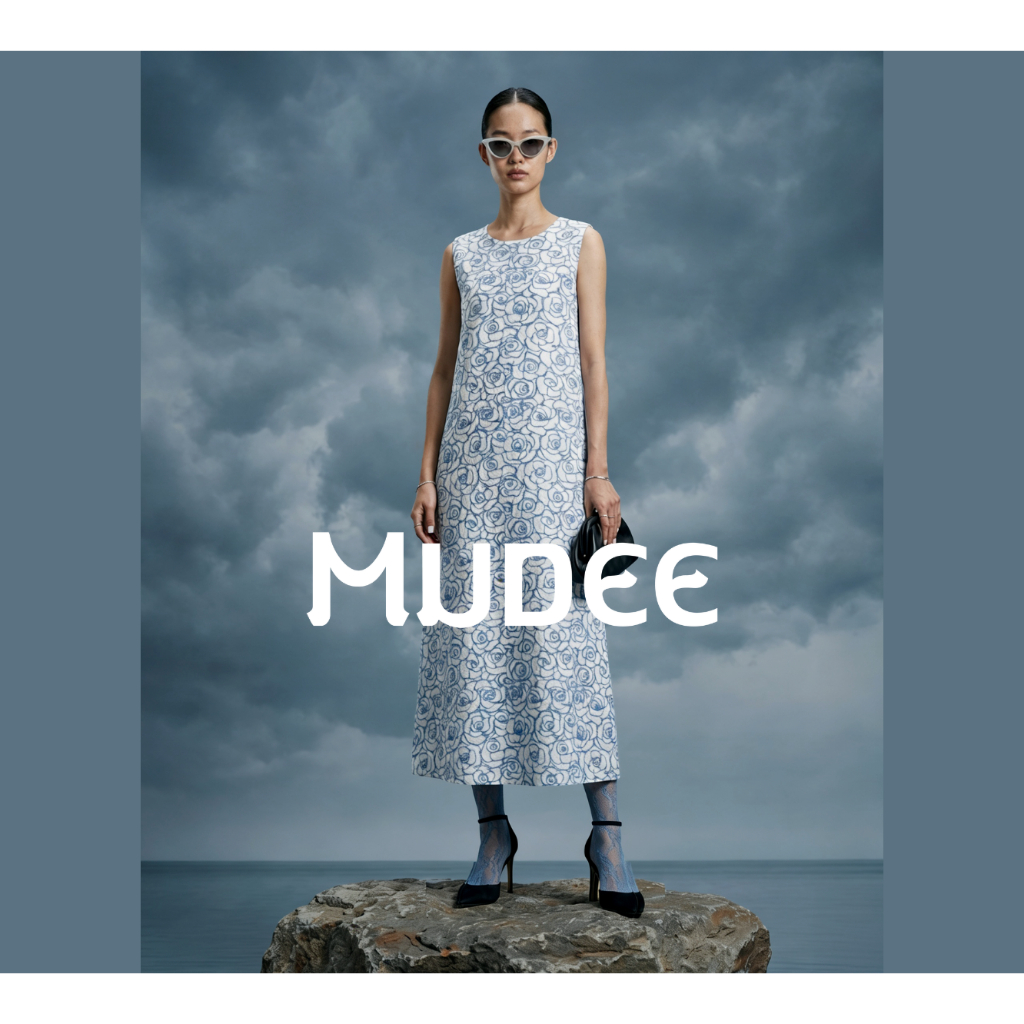 MUDEE เดรสคอกลมแขนกุดผ้าลินินพิมพ์ดอกไม้