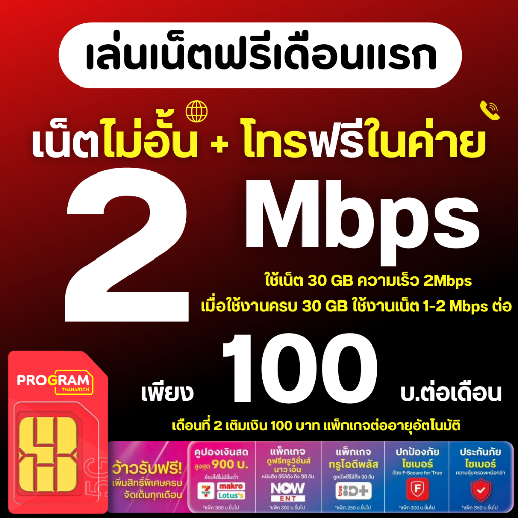 ใช้เน็ตฟรีเดือนแรก ซิมเน็ตไม่จำกัดGB เน็ตไม่อั้น 2Mbps เดือนละ 100 บาท ไม่ลดสปีด+โทรฟรีทุกเครือข่าย24ชม