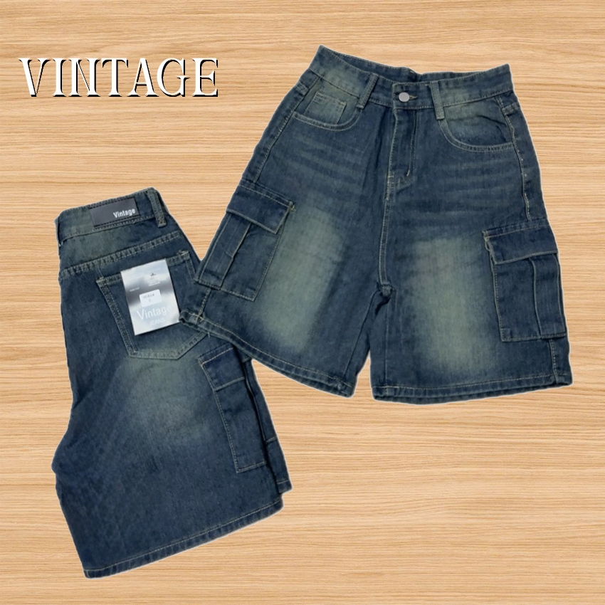 Vintage รุ่น H586 กางเกงยีนส์ ขาสั้น คาร์โก้ แต่งเฟดขา ทรงสวย ผ้าไม่ยืด กระเป๋าตรง 2 ใบ