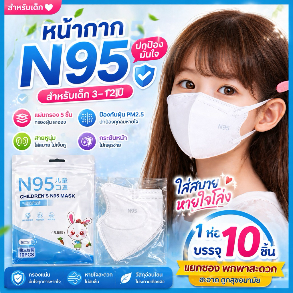 แมสเด็ก N95 ป้องกันPM2.5สำหรับเด็ก 4-12 ขวบ 1แพ้ค 10ชิ้น หนา 5 ชั้นพร้อมส่งจากไทย