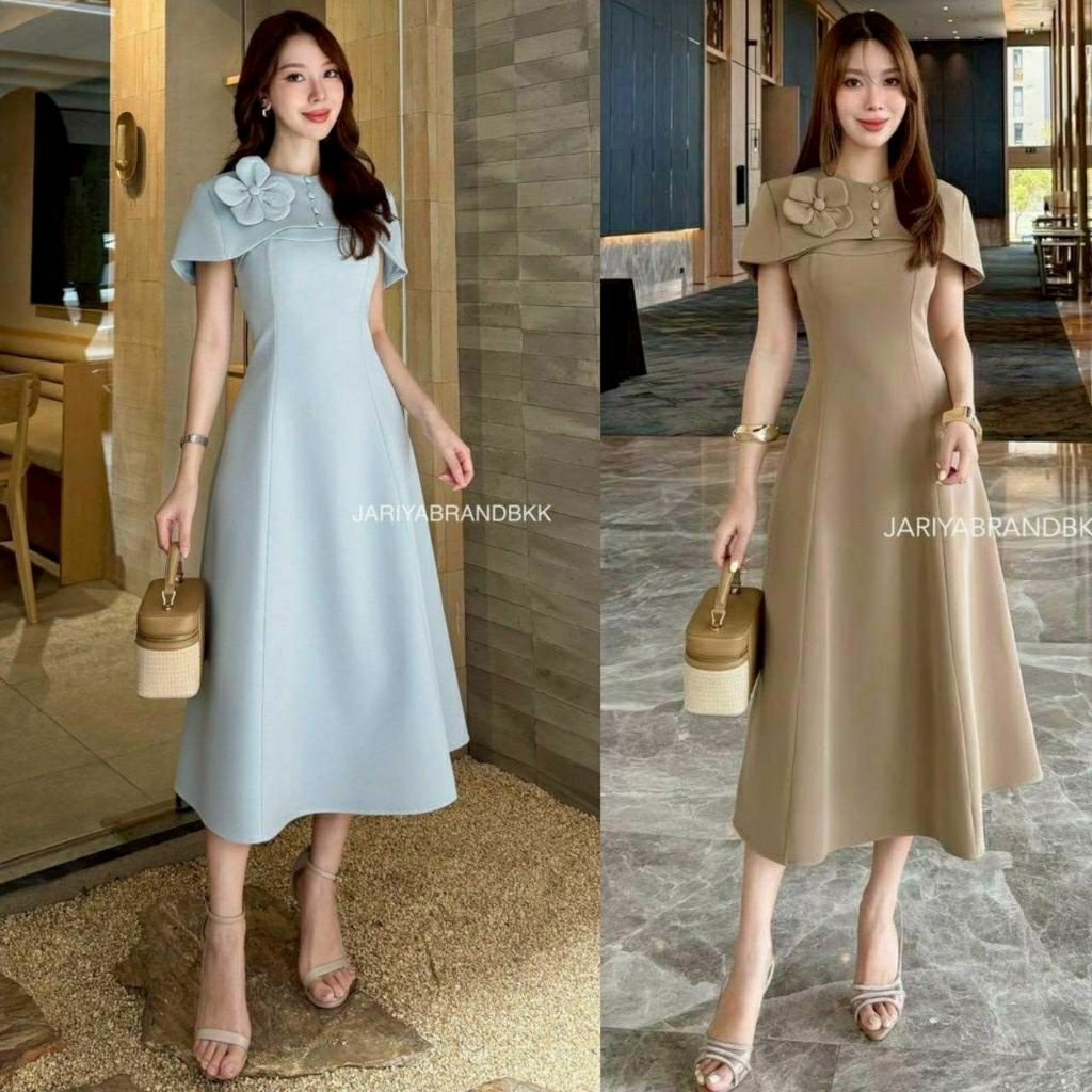 (S-XL)   Jariya  📣พร้อมส่งเซ็ทเดรสยาวสายเดี่ยว+เสื้อคลุม+ดอกไม้ทรงสวยดูดี