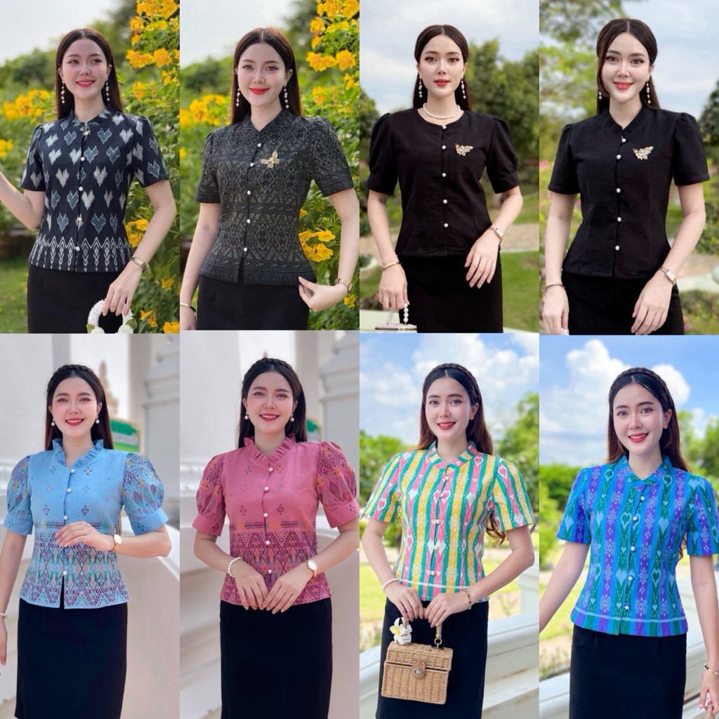 เสื้อผ้าฝ้ายคอจีนพิมพ์ลาย  ทรงจิตลดา คอจีน และคอระบาย