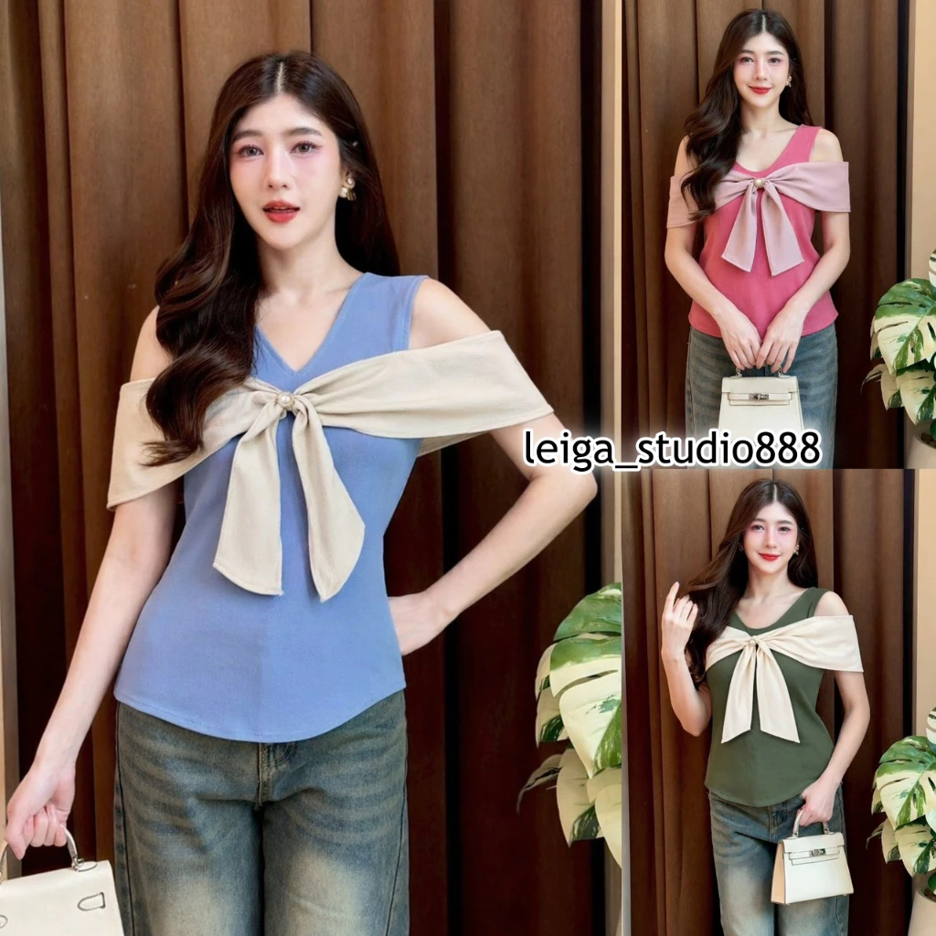 เสื้อแฟชั่น ผ้าวูลเวฟ สไตล์เวียดนาม คอวี เว้าไหล่ ดีเทลแต่งโบว์ ติดกระดุม ใส่แมท LG258