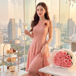 [NITTAYA] D2745 ชุดเดรสกระโปรงยาวคอกลมแขนกุดเข็มกลัดดอกไม้ลูกไม้ซีทรูผู้ดีใส่ดินเนอร์ งานแต่ง ออกเดท