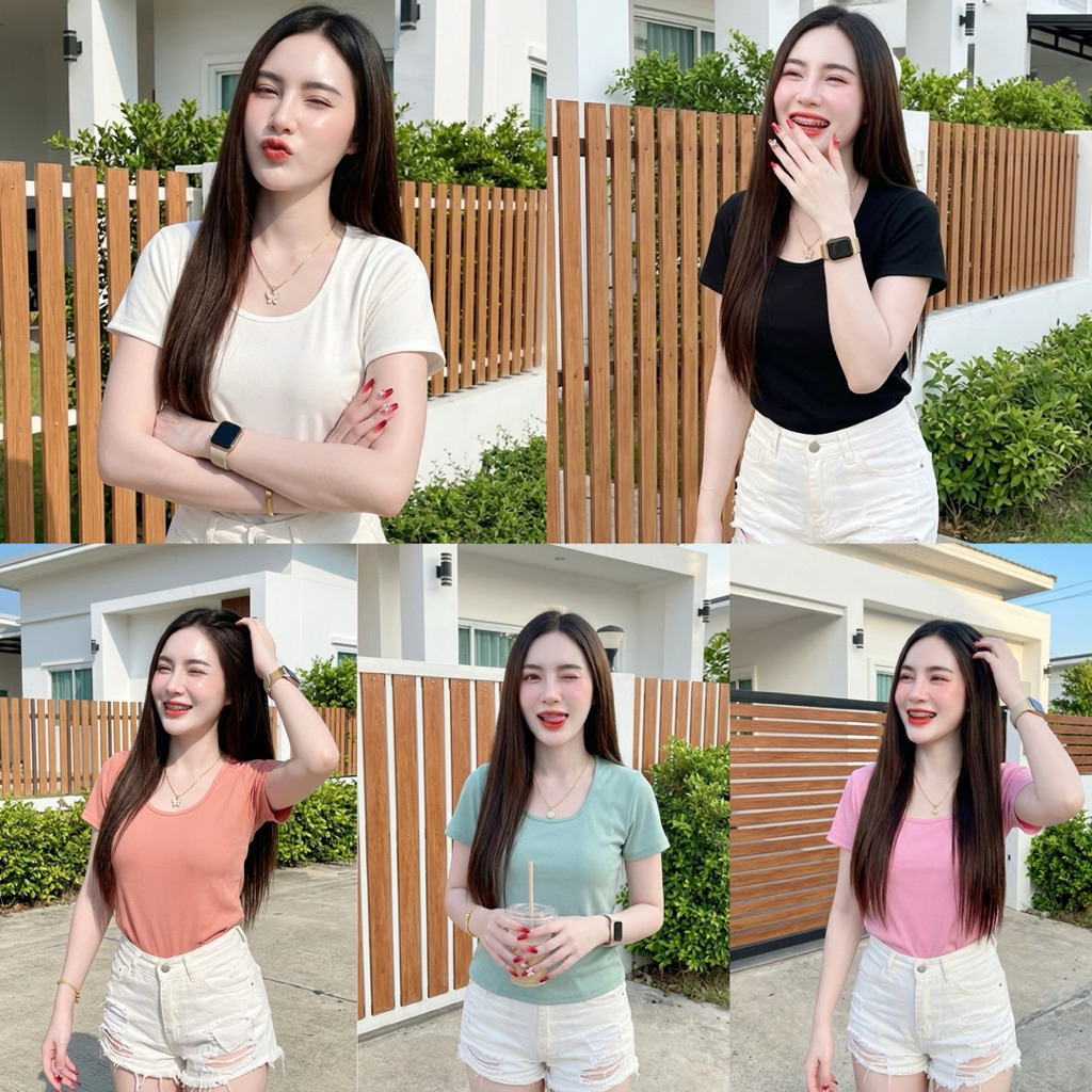 เสื้อยืดผ้าร่องเล็ก คอยู แขนสั้น สำหรับสาวๆ ใส่เที่ยว ใส่ไปคาเฟ่ น่ารักมาก