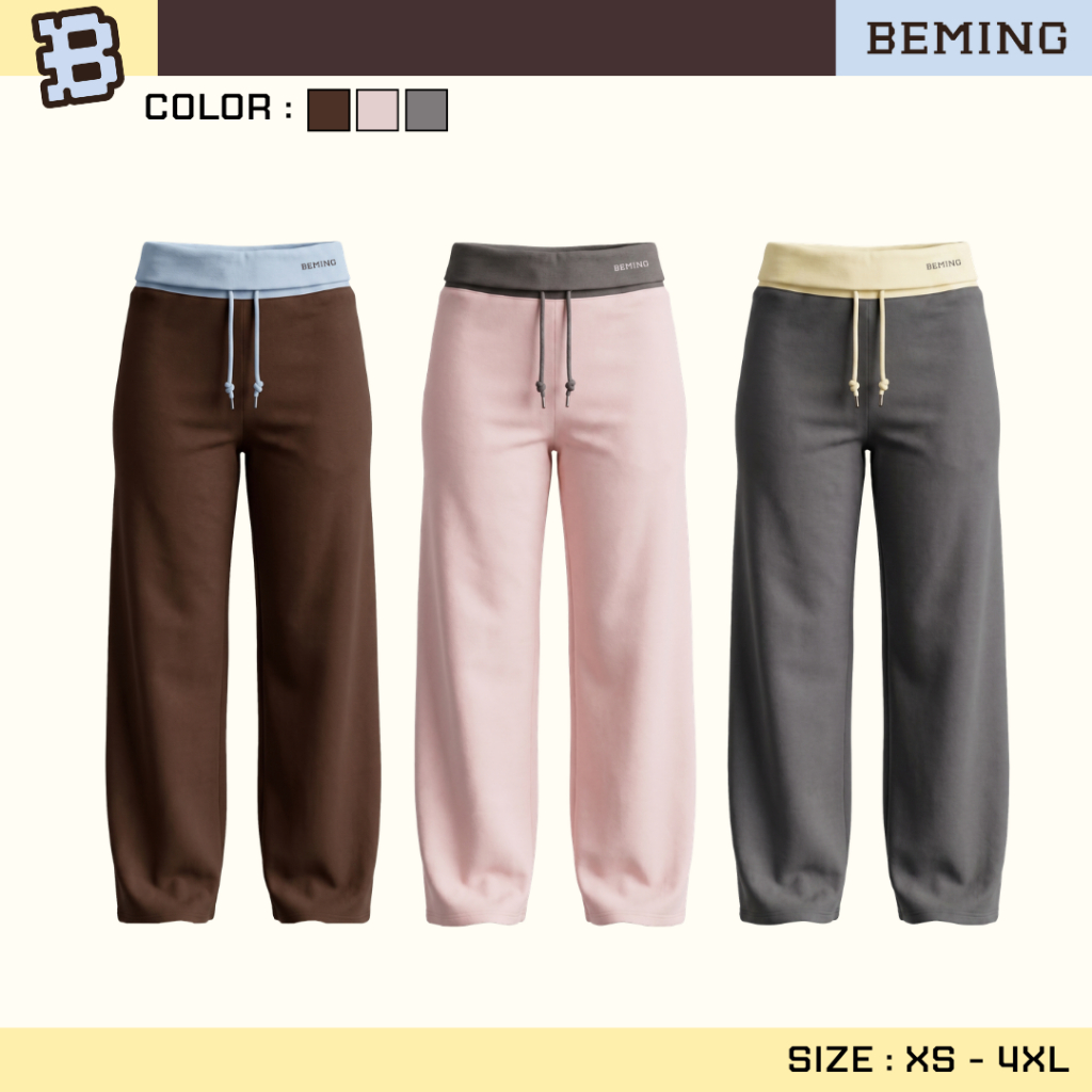 Bemingpants086(XS-4XL)-Elley Pants - กางเกงขายาวดีไซน์ขอบเอวตัดสีโลโก้ BEMING ปักที่ขอบกางเกง