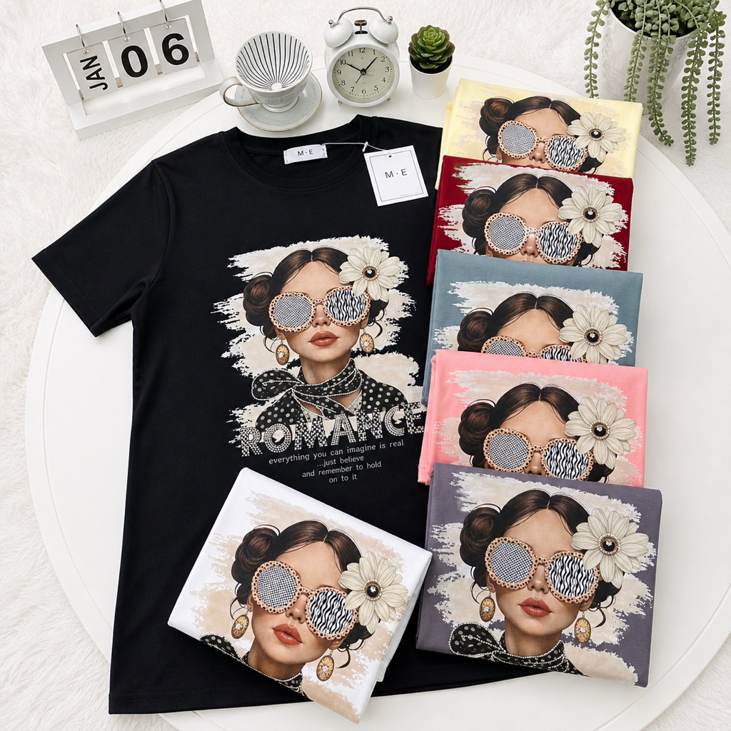 เสื้อยืดคอกลมแขนสั้น รีดเพชรลายผู้หญิงใส่แว่นดอกไม้ทัดหู ป้าย ME