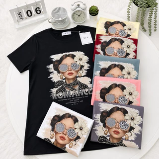 เสื้อยืดคอกลมแขนสั้น รีดเพชรลายผู้หญิงใส่แว่นดอกไม้ทัดหู ป้าย ME