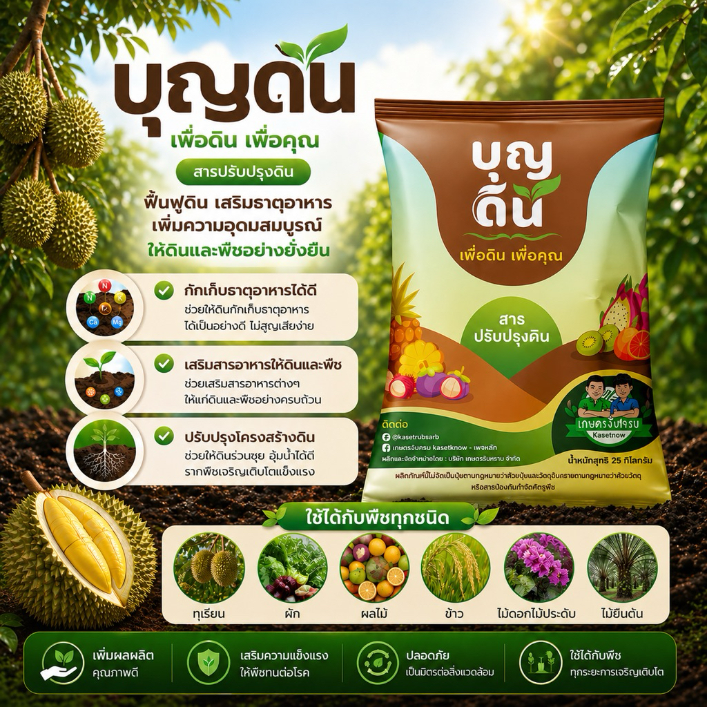 บุญดิน (สารปรับปรุงดิน) สูตรใหม่ เกษตรรับทราบ แก้ดินแน่น เพิ่มรากฝอย (ใช้โค้ดส่งฟรี 300 บาท) สั่งครั้งละ1กระสอบเท่านั้น