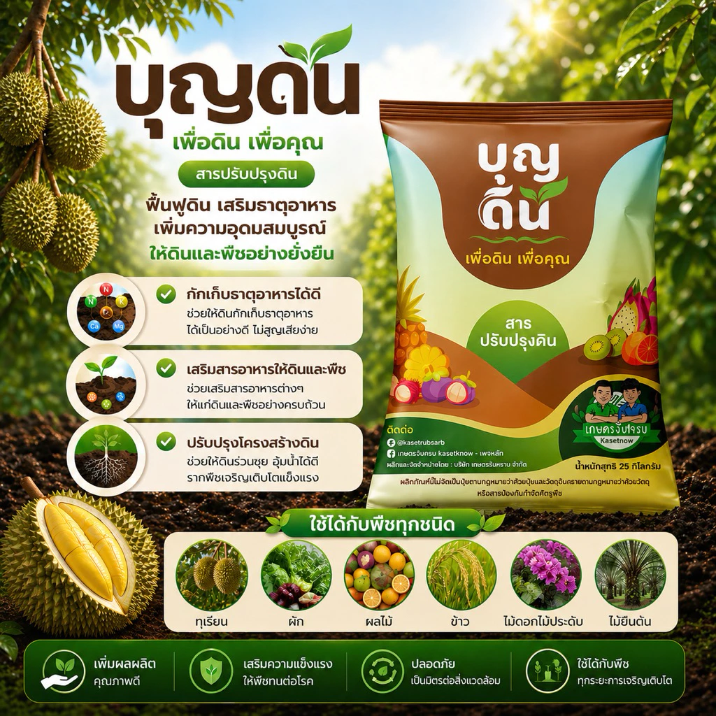 บุญดิน (สารปรับปรุงดิน) สูตรใหม่ เกษตรรับทราบ แก้ดินแน่น เพิ่มรากฝอย (ใช้โค้ดส่งฟรี 300 บาท) สั่งครั้งละ1กระสอบเท่านั้น