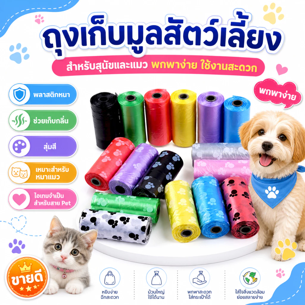 ถุงเก็บอึสัตว์เลี้ยง ถุงเก็บมูลสุนัข แมว พกพาง่าย พลาสติกหนาเก็บกลิ่น ไอเทมสัตว์เลี้ยง สุ่มสี