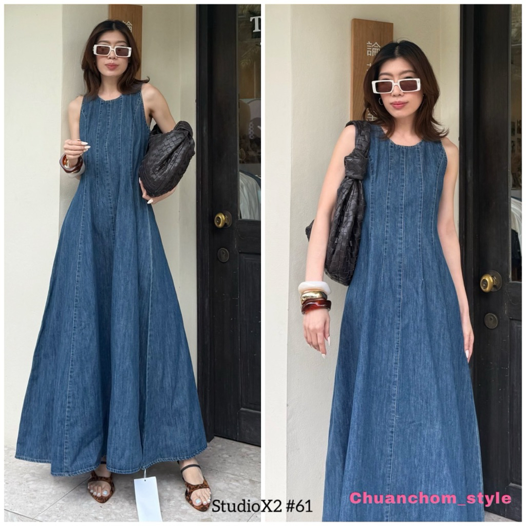 🔖StudioX2 #61 Denim Maxi Dress  เดรสผ้าเดนิมทรงแมกซี่ มีซิปหลัง ผ้าเดนิม เก็บหุ่นเก็บทรงได้ดีมาก