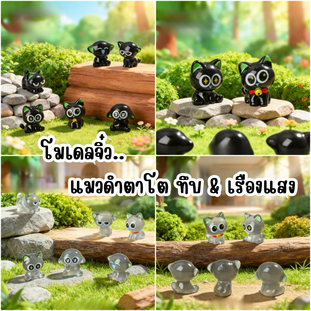 (เซ็ท 6 ชิ้น) # แมวดำตาโต แบบทึบ & เรืองแสง 3D ตุ๊กตาจิ๋ว โมเดลจิ๋ว ตุ๊กตาเรซิ่น แต่งบ้าน แต่งสวน ตั้งโต๊ะทำงาน Diy