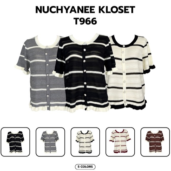 (T966)เสื้อไหมพรมคอกลมกระดุมลายริ้วผ้าฉลุ
