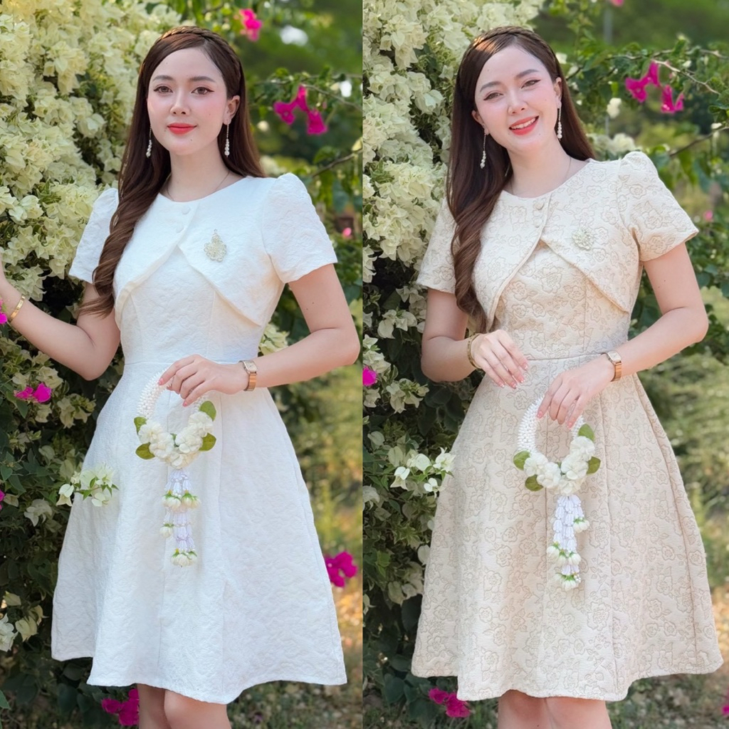 ชุดเดรสทำงาน เนื้อผ้าแจ๊คการ์ด มีลายในตัวผ้า (มีซับในทั้งชุดไม่อัดกาว)