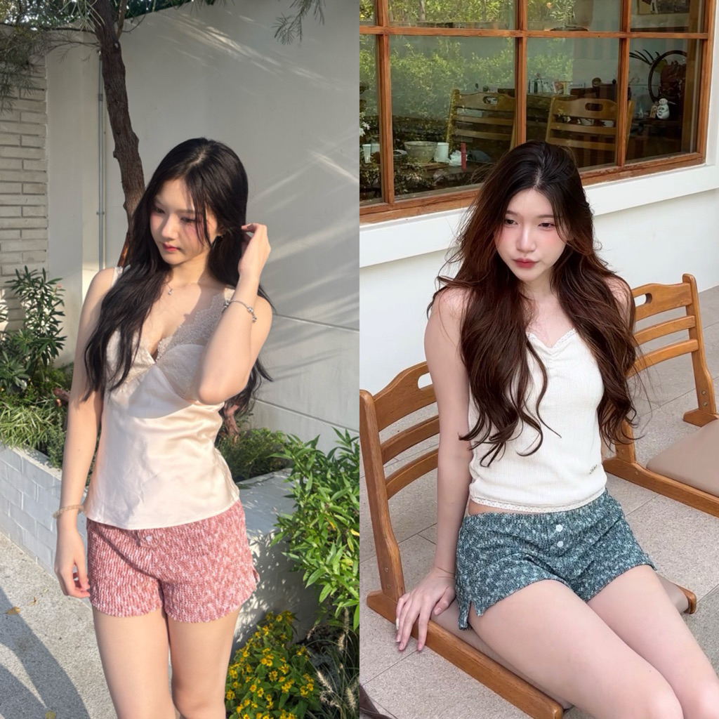 𝗦𝘂𝗻.𝘁𝘂𝗿𝗱𝗮𝘆 กางเกงขาสั้นเอวต่ำดีเทลกระดุมดอกไม้น่ารัก ผ้ายืดได้เยอะ รุ่น Sandy