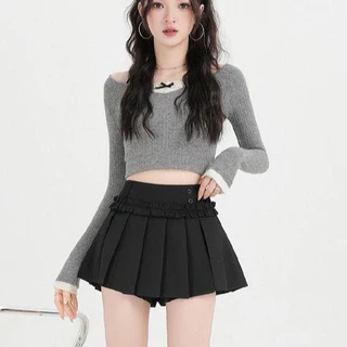 ฤดูร้อนใหม่เกาหลีเรียบง่ายและน่ารักอารมณ์เอวสูงจีบกระโปรงไม้หูลูกไม้ A-shape กระโปรงสั้นบางผู้หญิง