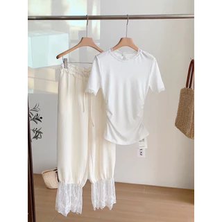 📍Pre📍6177 Set 2 pcs เสื้อยืดแขนสั้นแต่งระบายเล็กๆ + กางเกงขายาวมีเชือกรูดช่วงเอว ปลายขาแต่งลูกไม้