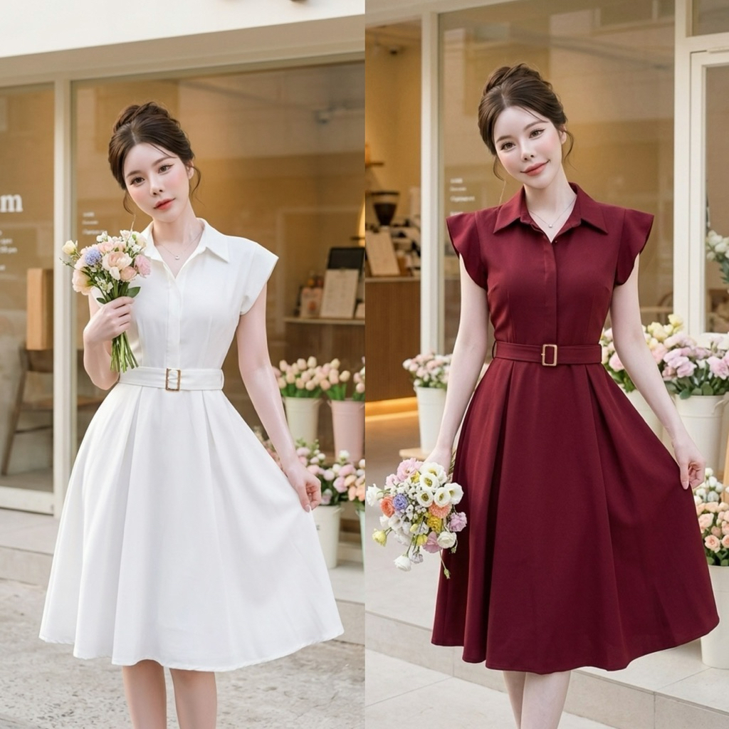 D181 เดรสแขนปีน คอปก เข็มขัดเหลี่ยม ไซส์ S-3XL ความยาว 40 นิ้ว