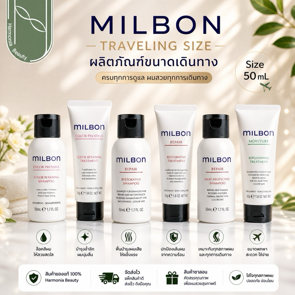 Milbon Shampoo / Treatment แชมพู/ทรีทเม้นท์ สะดวกพกพา ขนาด 50 มล.