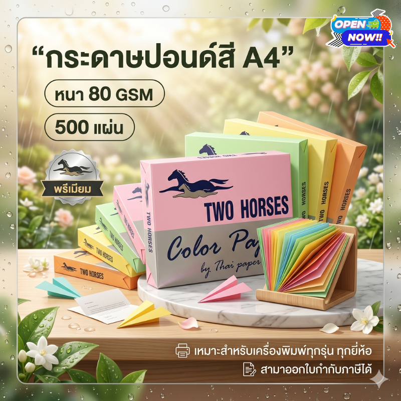 [ส่งด่วน]กระดาษสีถ่ายเอกสาร ปอน์ดสี TWO HORSES ตราม้าคู่ 500 แผ่น ขนาด A4 หนา 80 แกรม ปริ้นได้ 2หน้า