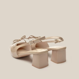 VONICA รองเท้าแตะผู้หญิงสไตล์เกาหลี หัวเหลี่ยม ส้นครึ่ง สีเนื้อเงา มีโบว์สวย เหมาะกับงานและวันออกไปเที่ยว