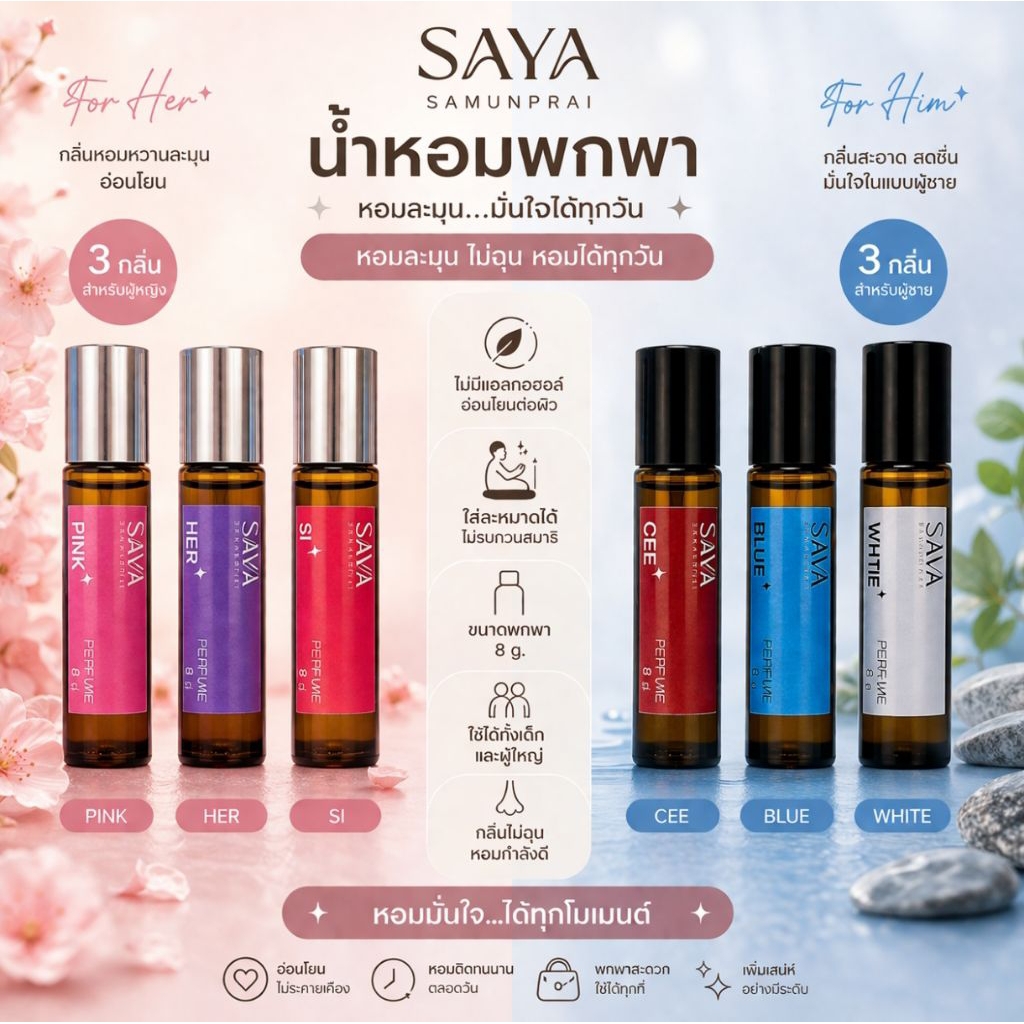 น้ำหอม SAYA หัวน้ำหอมสำหรับผู้หญิงและผู้ชาย ปราศจากแอลกอฮอล์ ตัวฮิตติดทนนาน