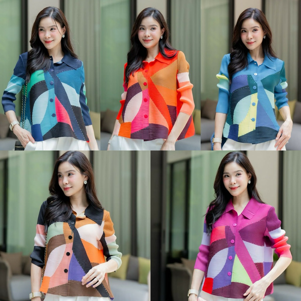 เสื้ออัดพลีทเนื้อดีคอปกแขนสี่ส่วนผ้าสีลายสวยไซค์ใหญ่ใส่สบายค่ะ – โปรปัง