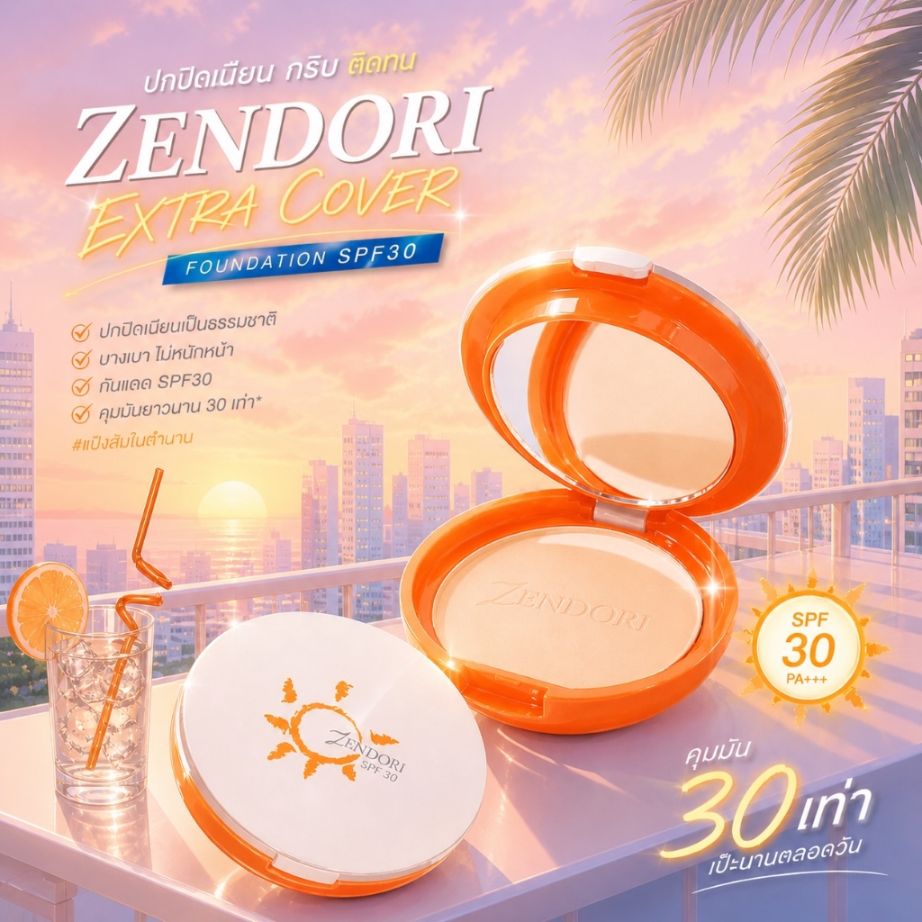 #สีส้ม แป้งเซ็นโดริ Zendori Extra Cover Foundation SPF 30 10 กรัม แป้งผสมรองพื้นผสมสารป้องกันแสงแดด