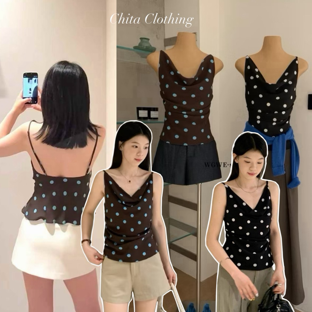 📍พร้อมส่ง ดำ📍9409# เสื้อสายเดี่ยวคอถ่วง ลาย polka dot สายปรับได้ เนื้อผ้าดี งานสวย  TAG:WG.WE 🇰🇷