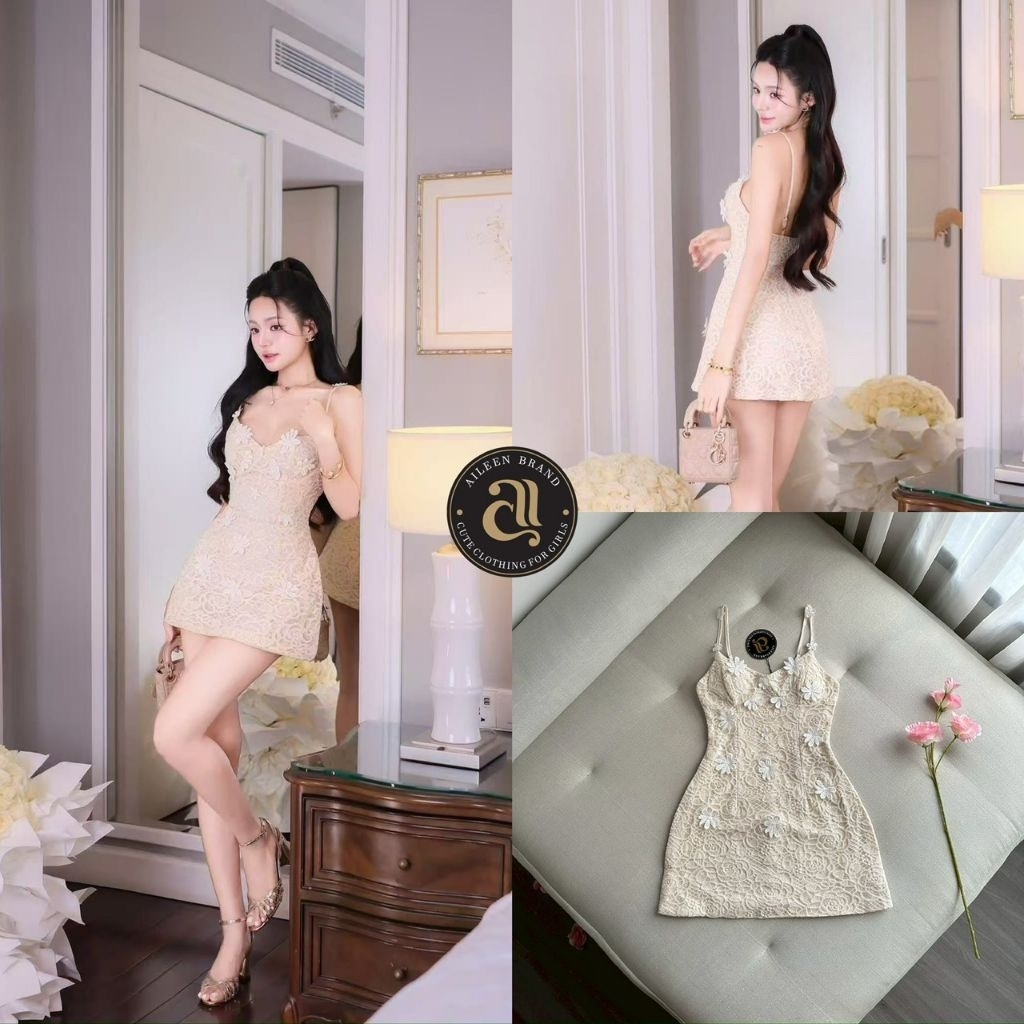 Aileen มินิเดรสสายเดี่ยวสีครีม งานผ้าฉลุลูกไม้โปร่ง ติดดอกไม้3Dสีขาว สุดหรู ซับด้านในสีเดียวกัน