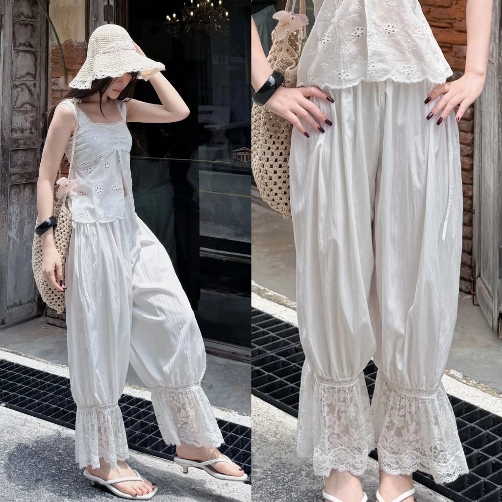 JINNY PANTS🤍 กางเกงขาจั๊มทรงจินนี่ ชายกางเกงผ้าแต่งลูกไม้เกรดพรีเมี่ยม