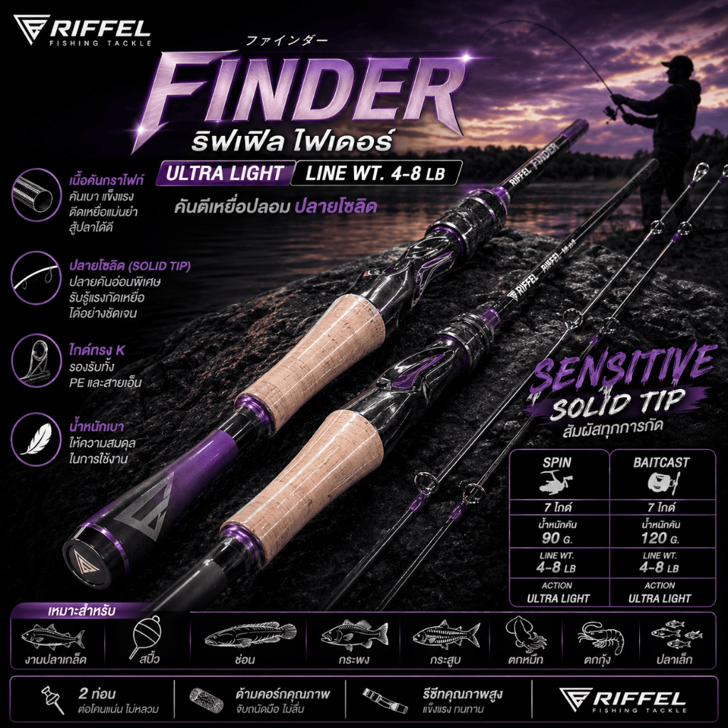 [ ของแท้ ]  คันตีเหยื่อปลอม UL RIFFEL FINDER ริฟเฟิล ไฟเดอร์ Line wt. 4-8 lb ปลายโซลิด