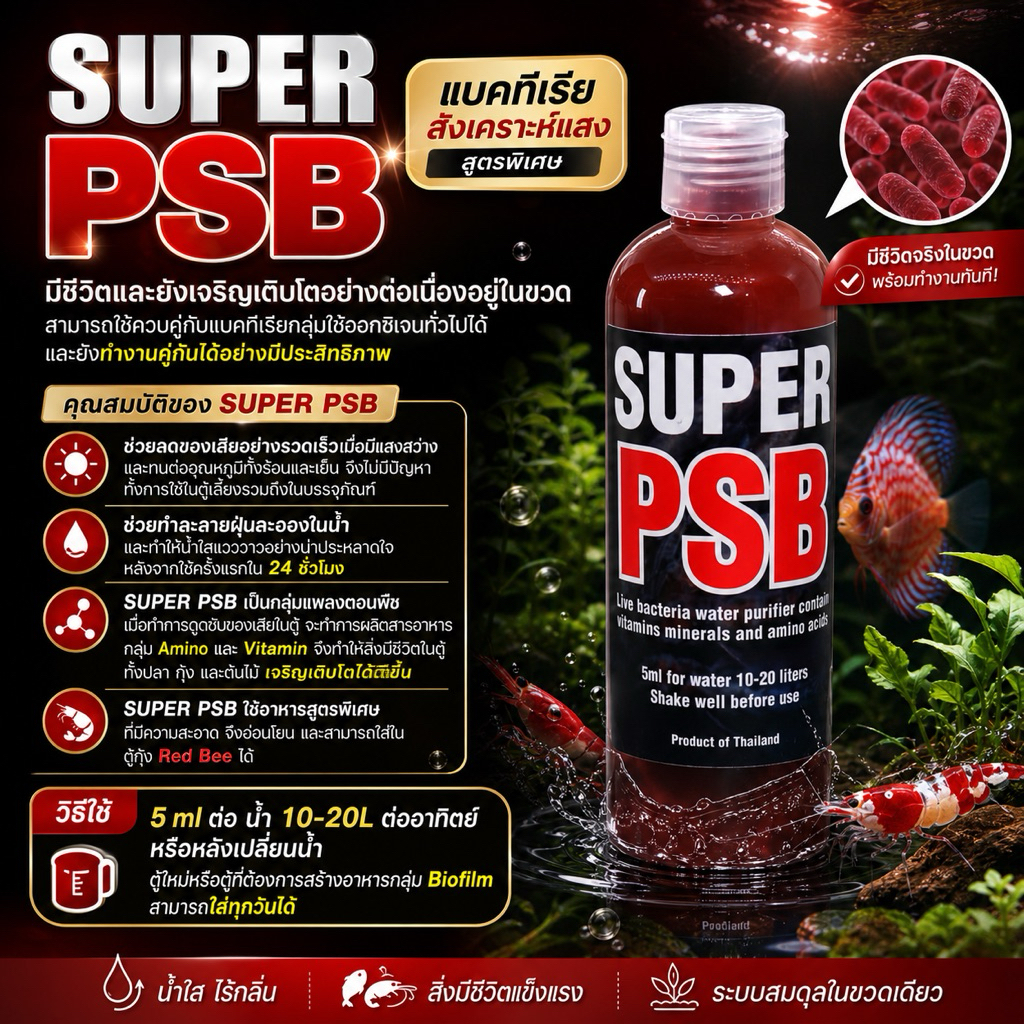 Super PSB แบคทีเรียตู้ปลา แบคทีเรียตู้ไม้น้ำ จุลินทรีย์บ่อปลา ปลอดภัยไม่อันตรายต่อสิ่งกุ้ง ปลา และต้