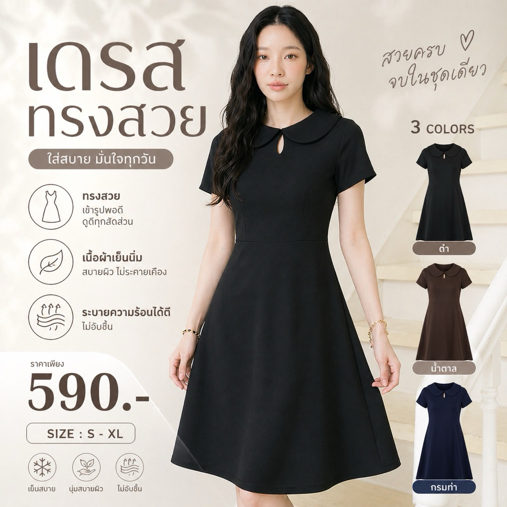 DW020# เดรสสีดำพร้อมส่งค่ะ เดรสคอบัว กระโปรงบานทรงเอ ชุดทำงานใส่สบาย ชุดทำงานผู้หญิง แฟชั่นสาวออฟฟิศ