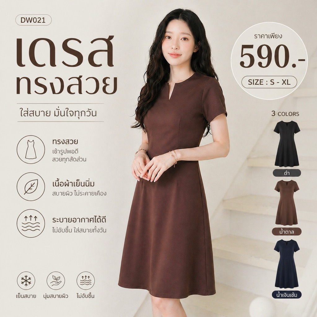 DW021# เดรสสีดำพร้อมส่งค่ะ เดรสคอผ่า กระโปรงบานทรงเอ ชุดทำงานใส่สบาย ชุดทำงานผู้หญิง แฟชั่นสาวออฟฟิศ