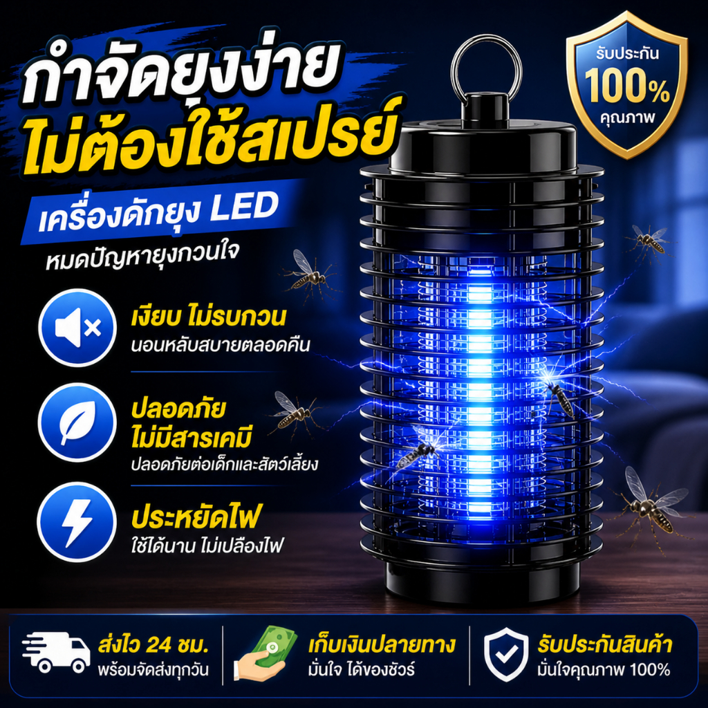 เครื่องดักยุง LED ฆ่ายุงไฟฟ้า เงียบ ปลอดภัย ไม่มีสารเคมี ประหยัดไฟ ใช้ในบ้าน/คอนโด พร้อมส่ง COD