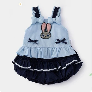 MC270 ชุดเซ็ตเด็กผู้หญิง สีฟ้า-กรม เสื้อระบายลายกระต่าย พร้อมกางเกงฟักทอง