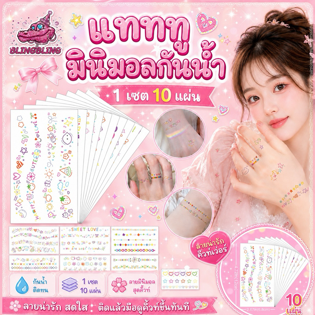 [พร้อมส่งจากไทย มีส่งด่วน] แทททูมินิมอลกันน้ำ 1 เซต 10 แผ่น สไตล์เกาหลี ลายการ์ตูน ดอกไม้ หัวใจ