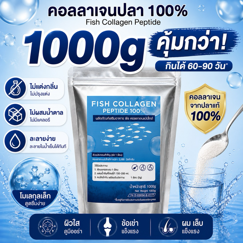 คอลลาเจนเพียว 1000g ผงแท้ 100% ไม่มีน้ำตาล ละลายน้ำง่าย Collagen Powder สำหรับผิวและข้อต่อ