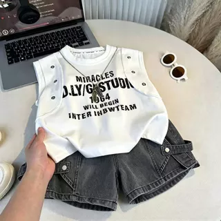 เสื้อแขนกุดเด็ก+กางเกงยีนส์เด็ก ดีไซน์แฟชั่น งานสกรีนหล่อๆ ขายแยกชิ้น ตรงปก