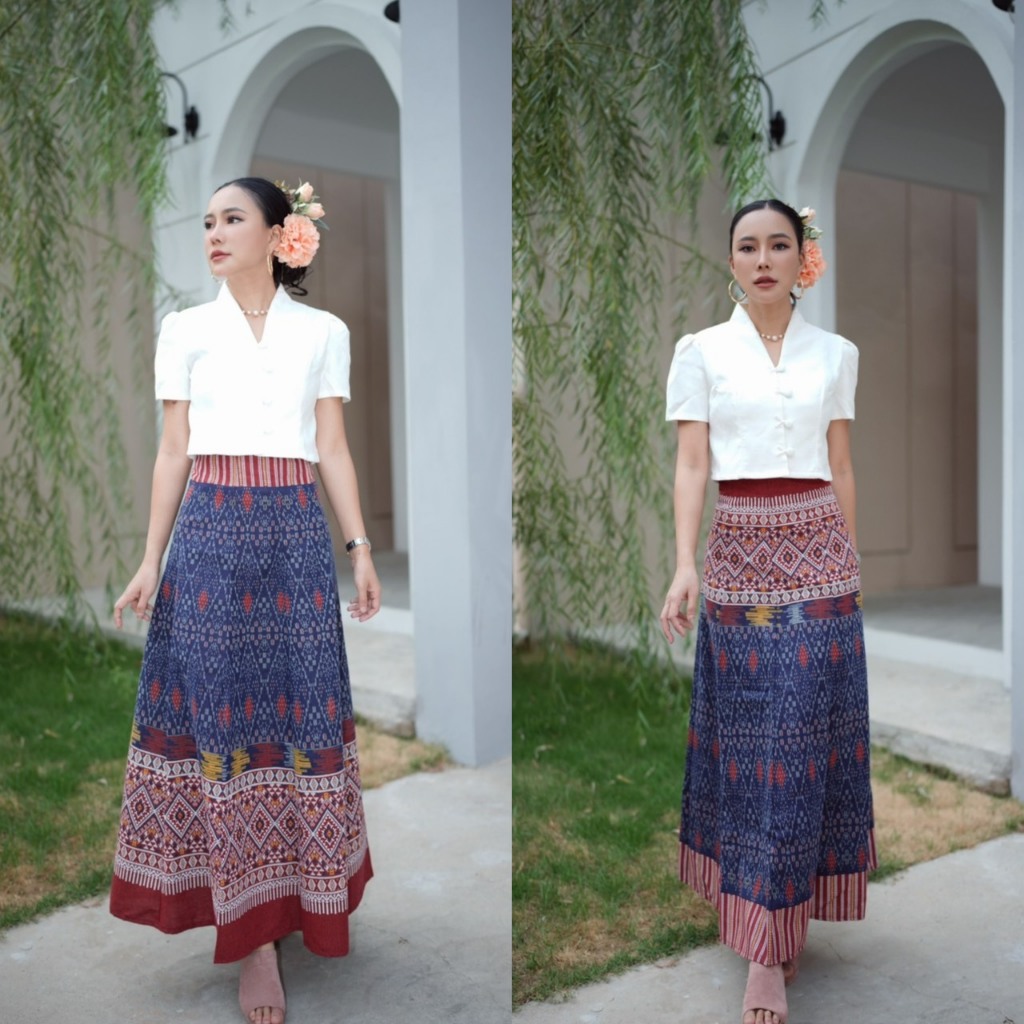 เซ็ทลายครามลูกแก้วตีนแดงเสื้อคอปีนและกระโปรงทรง8ชิ้นผ้าฝ้ายพิมพ์ลายV.1,2