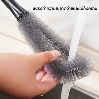 2-in-1แปรงถ้วย ด้ามจับยาว แก้ว หัวแปรงรูปตัว L ด้ามจับลายไม้วอลนัท สําหรับทําความสะอาดถ้วย แปรงขวด