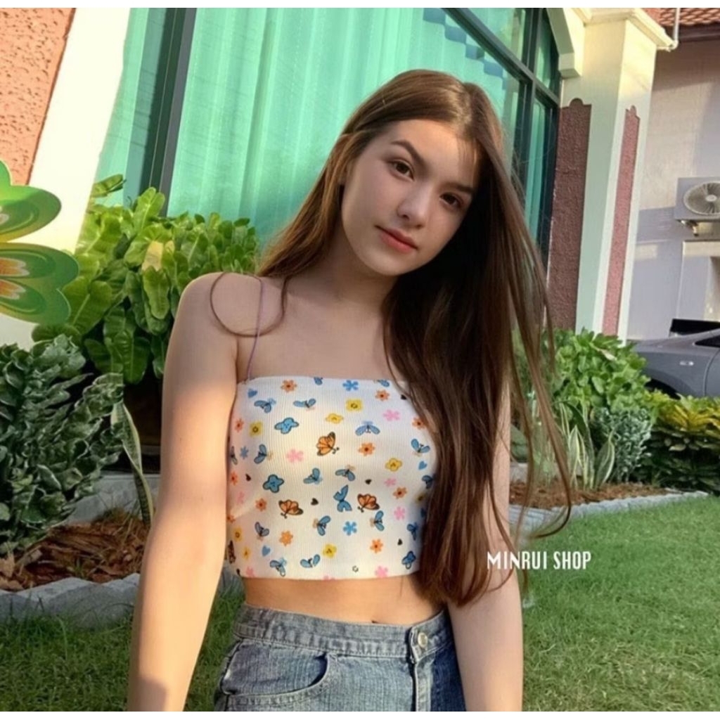 ครอปสายเดี่ยวลายผีเสื้อป้ายBYKIM