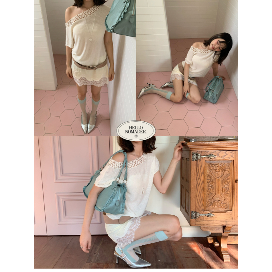 NOMADE.& พร้อมส่ง Wineblue blouse {เสื้อเปิดไหล่คอถัก+เชือกผูกเอว}