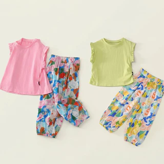 Hania kids พร้อมส่ง ชุดเช็ตเสื้อแขนกุดระบายพร้อมกางเกงขายาวใส่แล้วน่ารัก สไตล์เกาหลี ชุดเซต 2 ชิ้น - K5125693