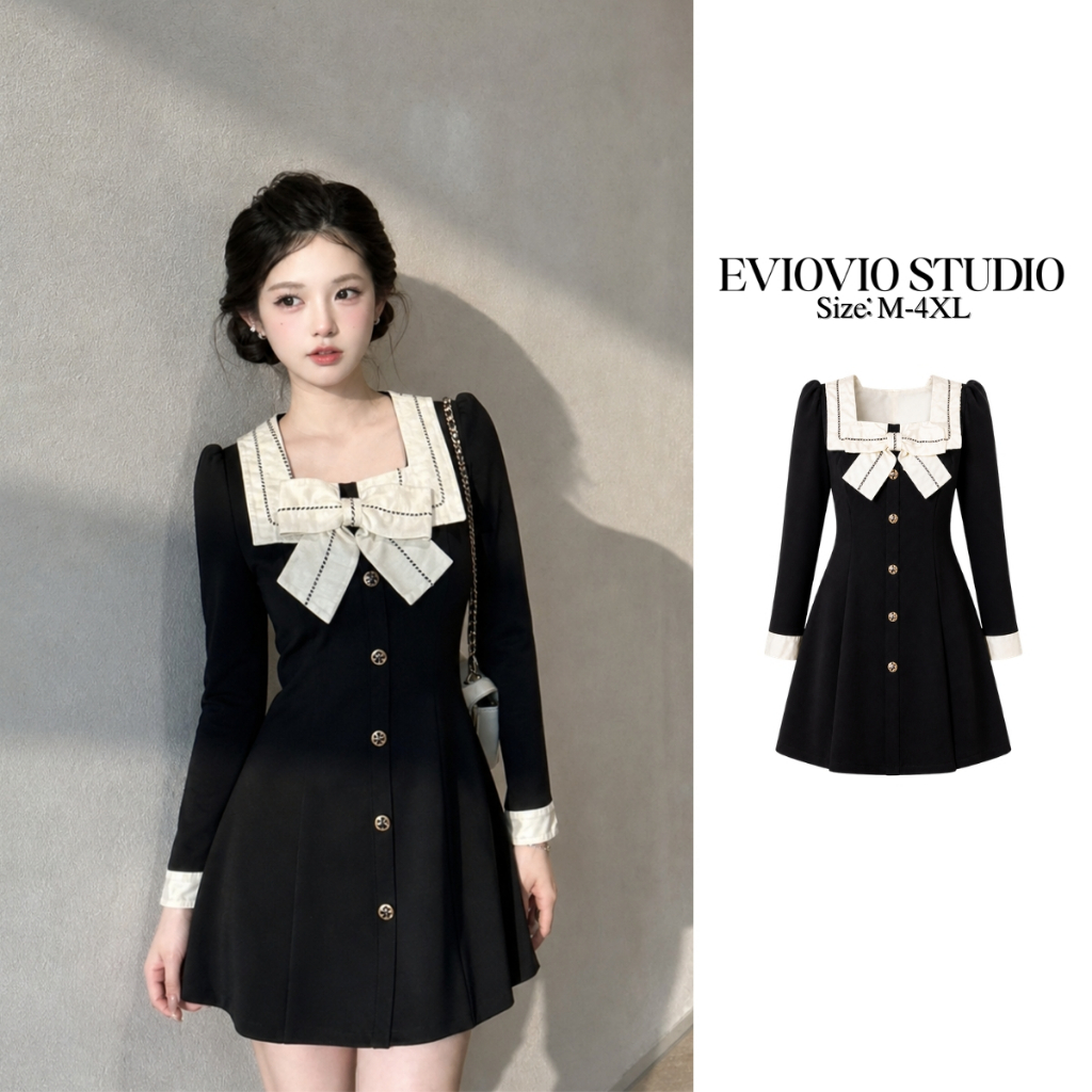 【EVIOVIO】 ชุดเดรสคอเหลี่ยมผูกโบว์สไตล์เฮปเบิร์น ผู้หญิงไซส์ใหญ่ ฤดูใบไม้ผลิ สีดำ เข้ารูป (M-4XL)